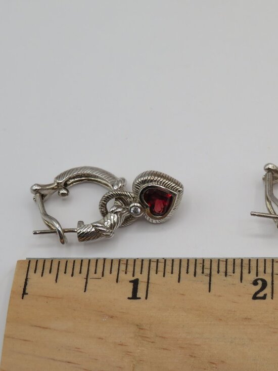 Judith Ripka Sterling Silver 925 Red CZ Heart Charm Hoop Earrings - Picture 9 of 9